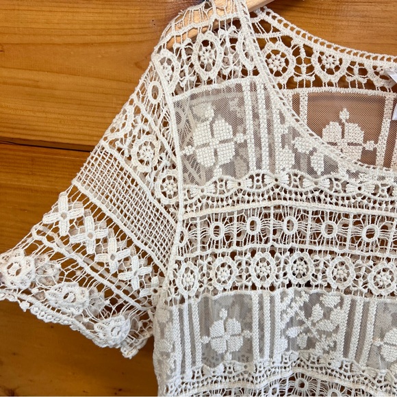 Kaktus Crochet Fringe Women Cream Sheer Lace Boho Festival Cottage Mini Dress XL - Picture 3 of 5